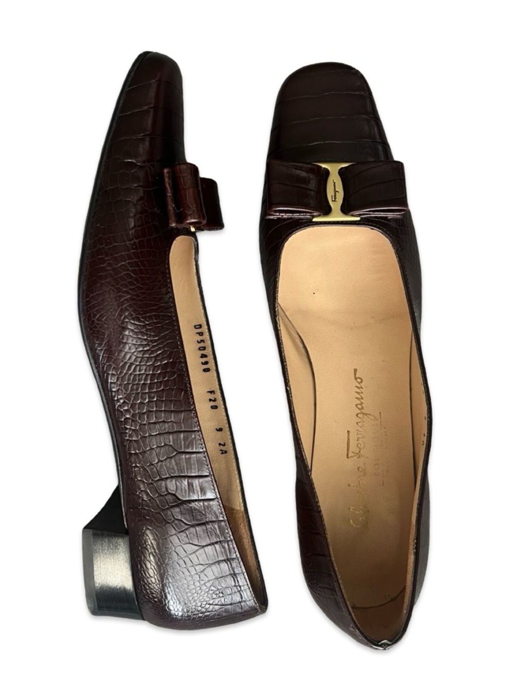 Salvatore Ferragamo Dark Brown Croc-Embossed Leather Bow Pumps
